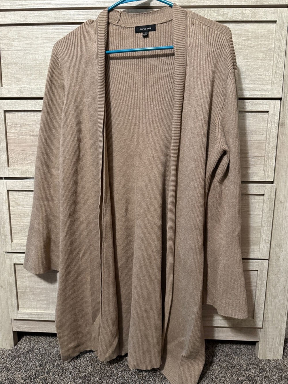 Verve Ami Taupe Ribbed Open-Front Long Cardigan
